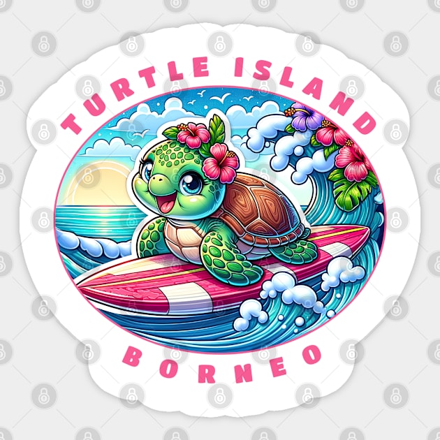 Turtle Island Borneo Girls Cute Surfing Sea Turtle Sticker by grendelfly73